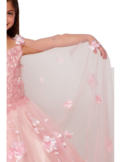 Bliss Big Girls Blush 3D Stone Pearl Sweetheart Floral Cape Ball Gown 8-16 - SophiasStyle.com